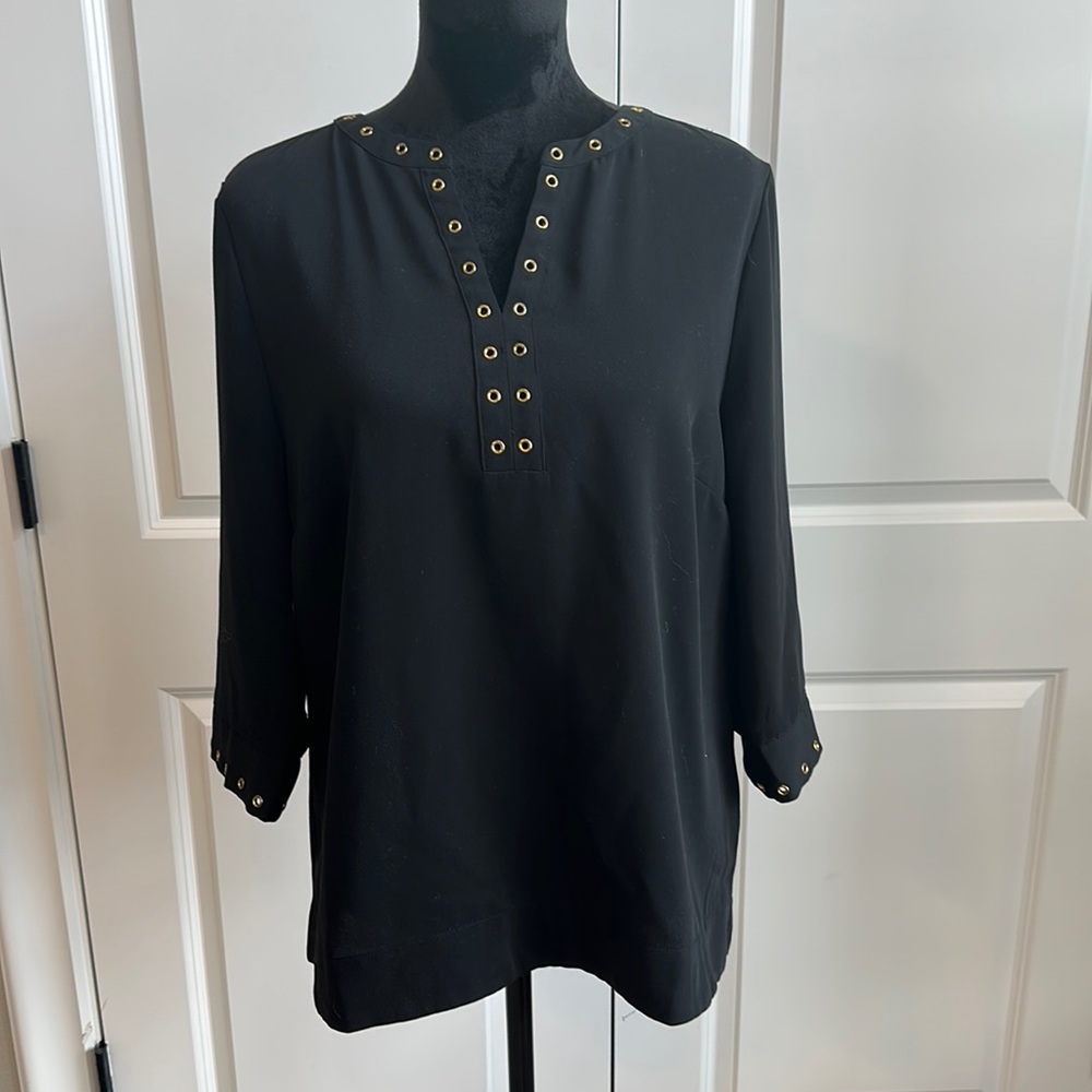 Chico's Black with Gold Eyelet Detail V-neck Blouse